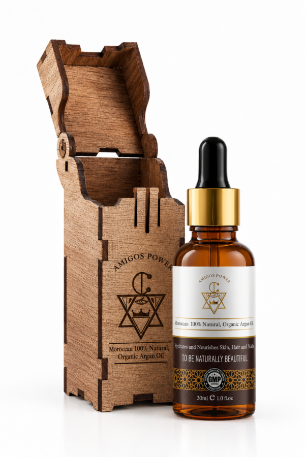 Brown Wooden Box Amigos Power 100% Organic Moroccan Argan Oil 30ml bottle for hair, skin, and nails by arganobio.com