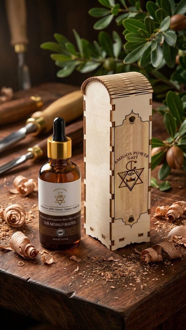 amigos-power-organic-moroccan-argan-oil.jpg "Front view of Amigos Power 100% organic Moroccan argan oil bottle for hair and body care."