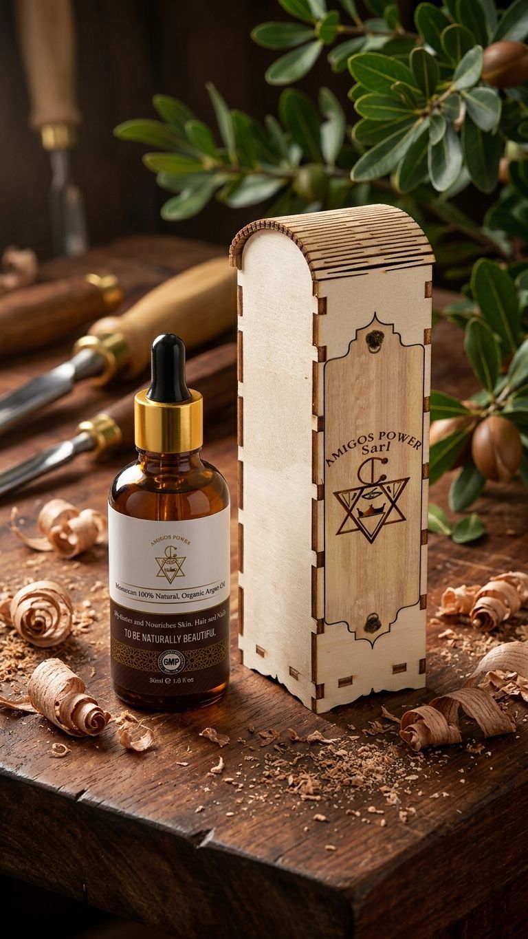 "Front view of Amigos Power 100% organic Moroccan argan oil bottle for hair and body care."
